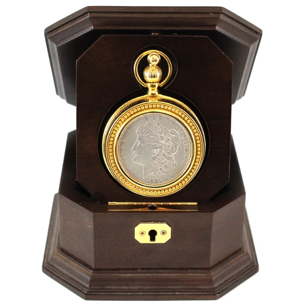 USA 1921 Morgan Silver Dollar Collector Pocket Watch in Deluxe Locking Presentation Box