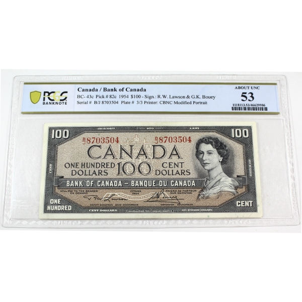 BC-43c 1954 $100 Modified Portrait PCGS AU53 Lawson-Bouey SN: B/J8703504