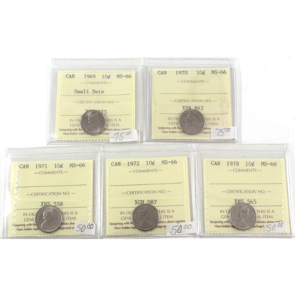 10-cent 1969 Small Date, 1970, 1971, 1972 & 1978 ICCS MS66. 5pcs
