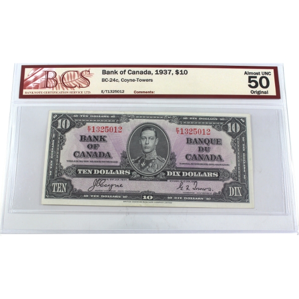 BC-24c 1937 $10 BCS AU50 Original Coyne-Towers SN: E/T1325012