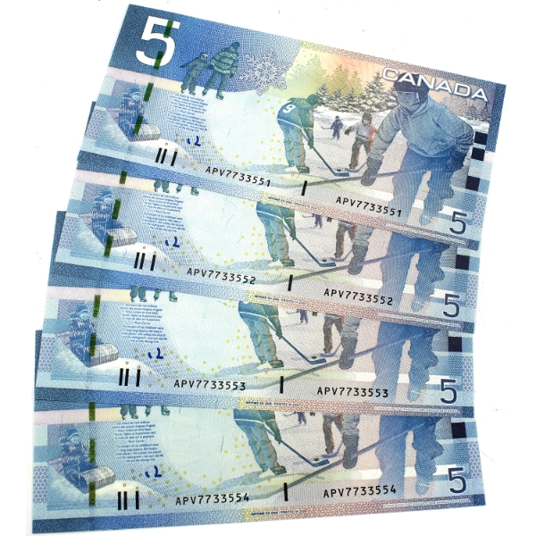 4x BC-67b 2008 $5 Consecutive Jenkins-Carney SN: APV7733551-"54. 4pcs.