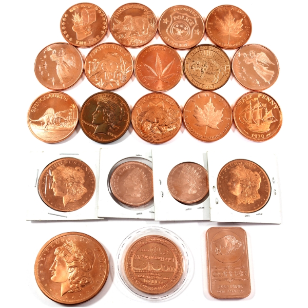 21oz Lot Total! Bulk Lot of Assorted .999 Fine Copper Rounds & Bar. 21pcs.
