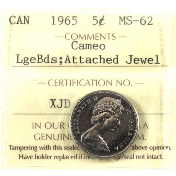 5-cent 1965 Lge Bds, Att. Jewel ICCS MS62 Cameo