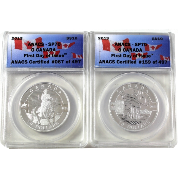 2x 2013 $10 O Canada- Inukshuk & RCMP ANACS Certified SP70 First Day of Issue. 2pcs (Tax Exempt)