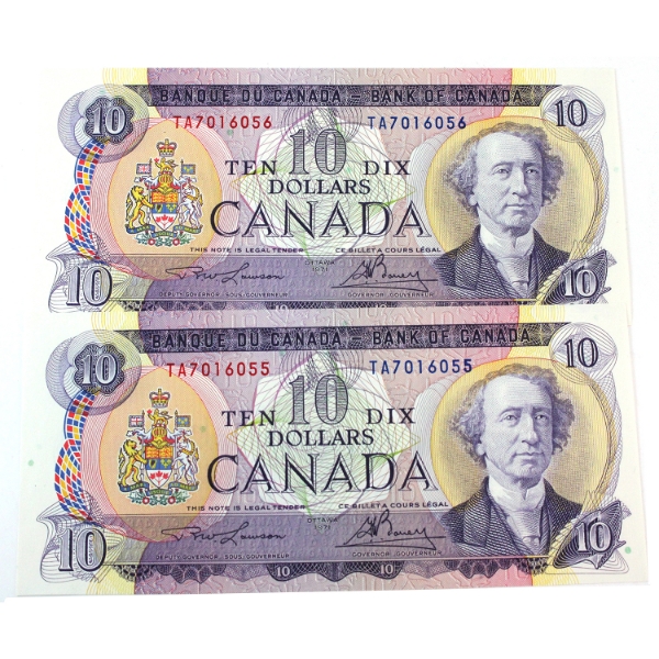 Consecutive Pair of BC-49c 1971 $10 2 Letter Prefix UNC or Better Lawson-Bouey. 2pcs. 