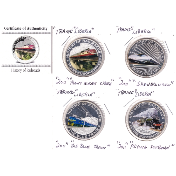 Liberia Silver 2011 $5 History of Railroads 20g .999 Fine Silver Coins. 4pcs. (Tax Exempt)