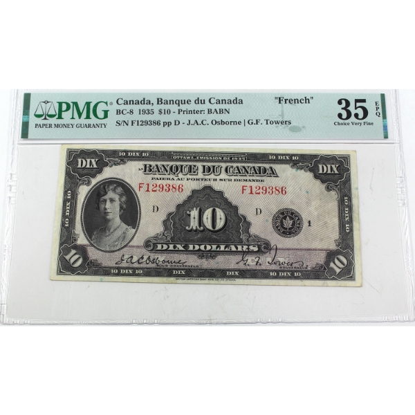 BC-8 1935 $10 French PMG Choice VF35 EPQ Osborne-Towers SN: F129386 ppD