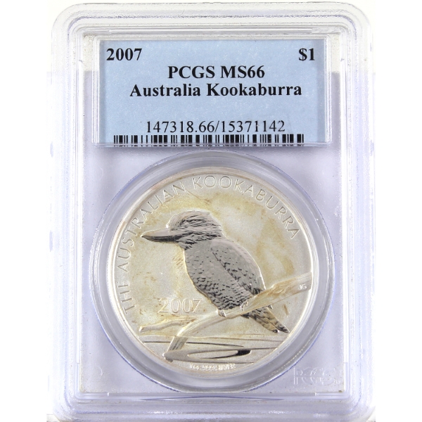 Australia Silver 2007 $1 Kookaburra 1oz .999 Fine Silver Coin PCGS MS66 (Tax Exempt)