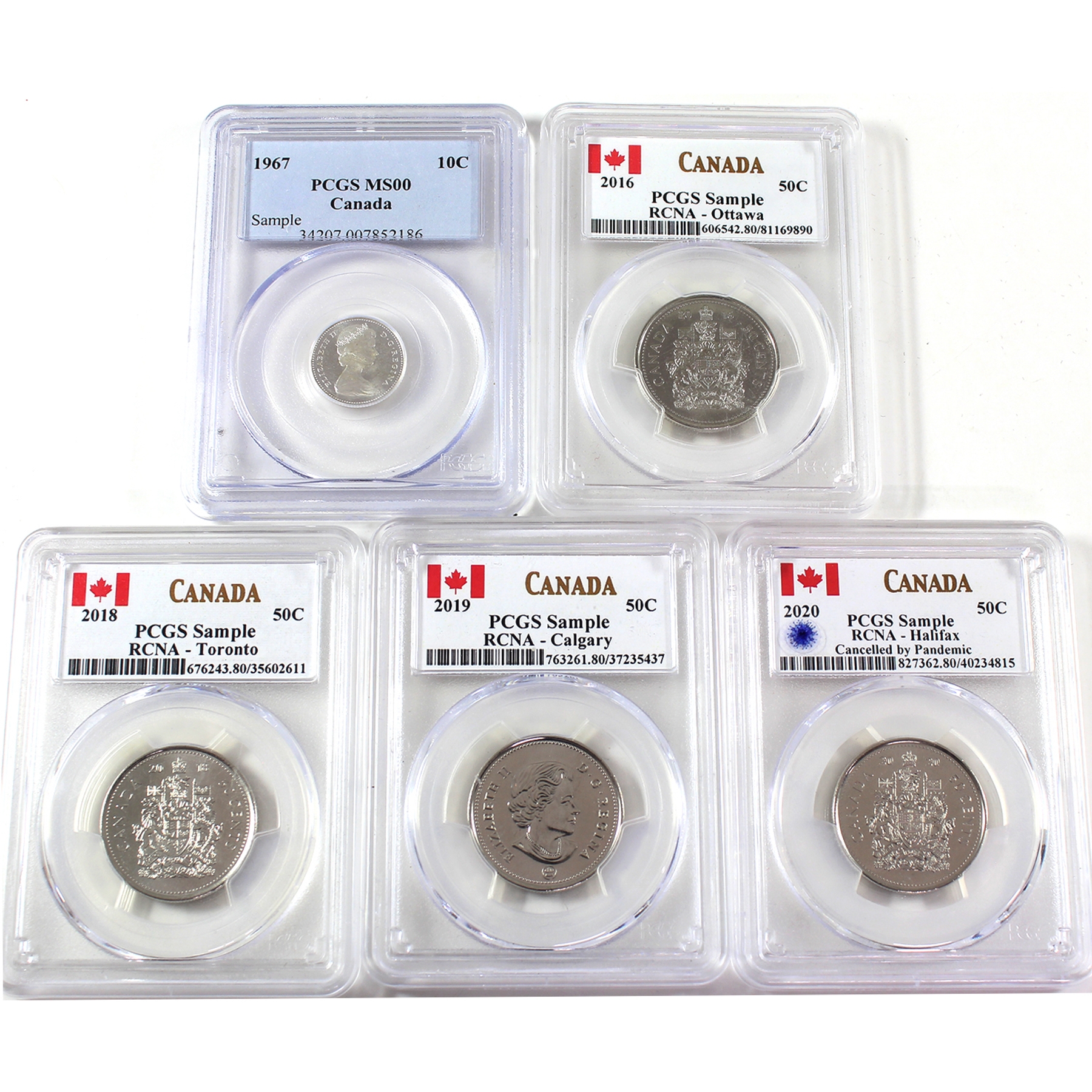 Pcgs Sample RCNA 1967-2020 10-cent & 50-cent PCGS Samples. 5pcs.