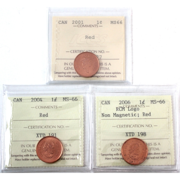 1-cent 2001, 2004 & 2006 RCM Logo; Non Magnetic ICCS MS66 Red. 3pcs. 