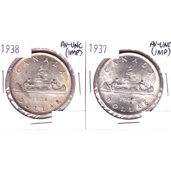 Silver $1 1937 & 1938 AU-UNC (Impaired). 2pcs.