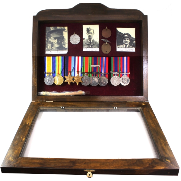 Canada WWI-WWII Medals w/ Ribbons, Dog Tags, & RCAF Pin for 3 Individuals in Wooden Display Case