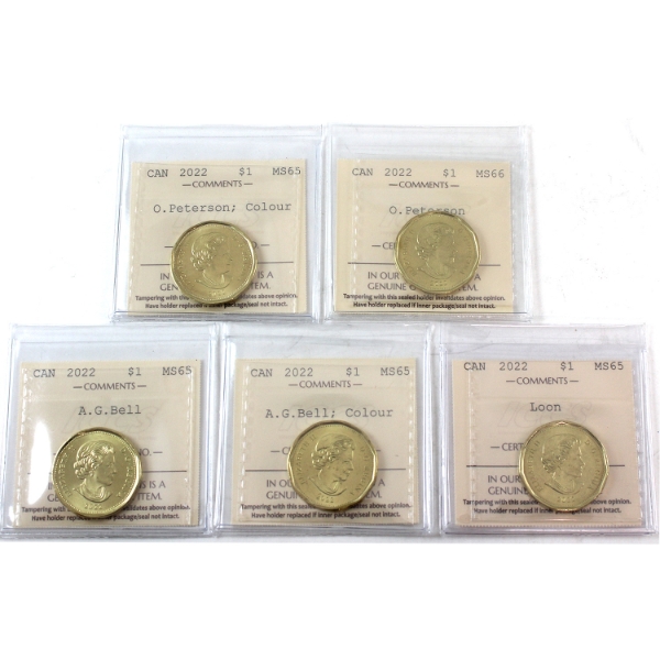 Loon $1 2022 A.G. Bell Regular & Colour, Loon, O. Peterson Regular & Colour ICCS MS65. 5pcs. 