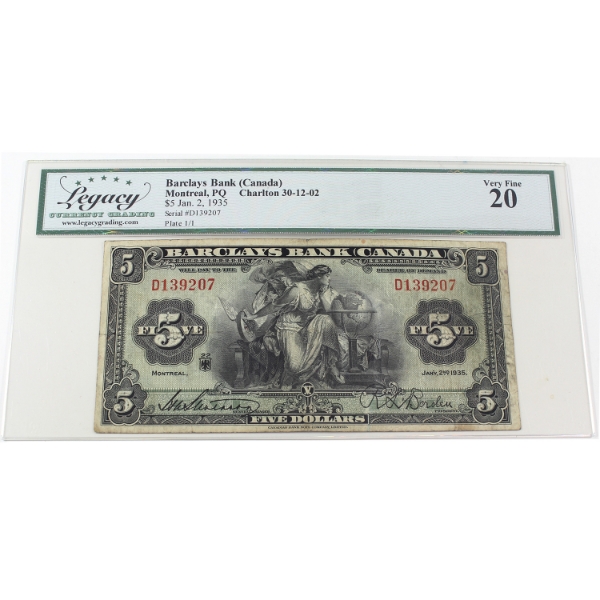 30-12-02 1935 $5 Barclays Bank Legacy VF20 Stevenson-Borden SN: D139207
