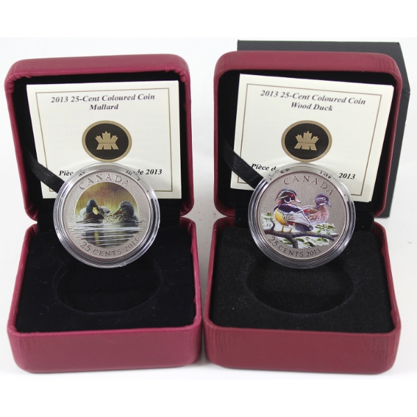 Group Lot of 2013 25-cent Birds of Canada Coins w/ Selective Colour. 2pcs.