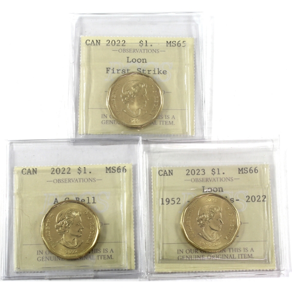 Group Lot of Loon $1 2022 & 2023 PCCS MS65 to MS66. 3pcs.