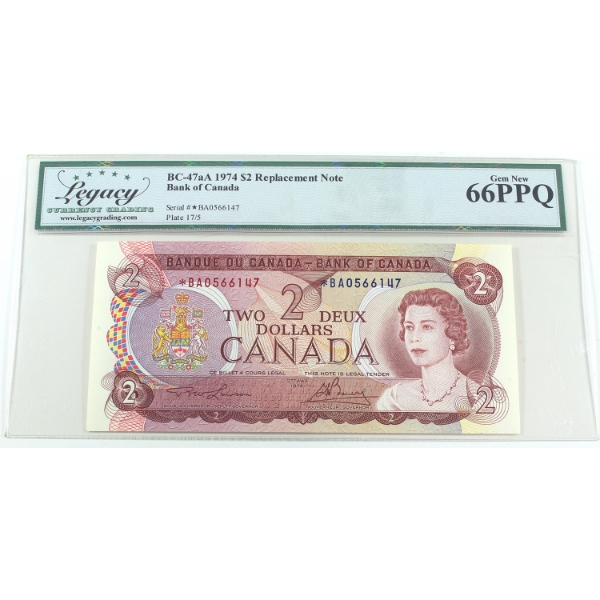 BC-47aA 1974 $2 *BA Replacement Legacy GEM UNC66 PPQ Lawson-Bouey SN: *BA0566147