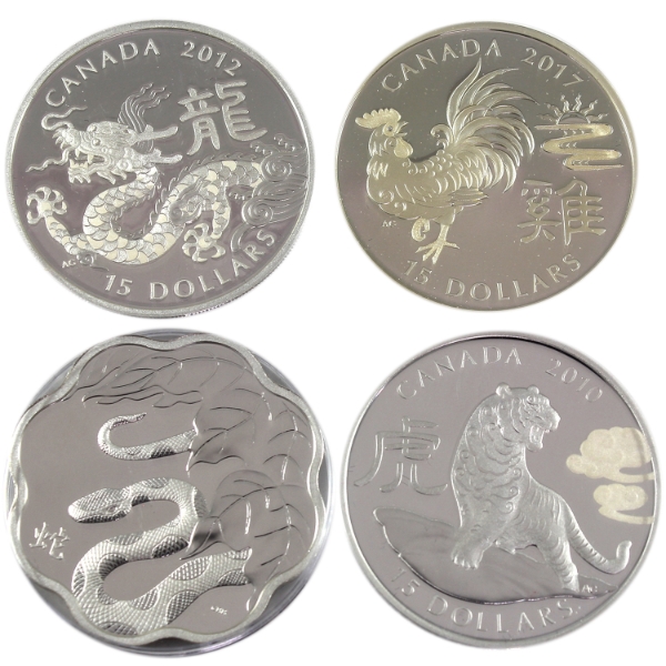 2010-2017 $15 Lunar/Zodiac .9999 Fine Silver Coins. 4pcs. (Tax Exempt)