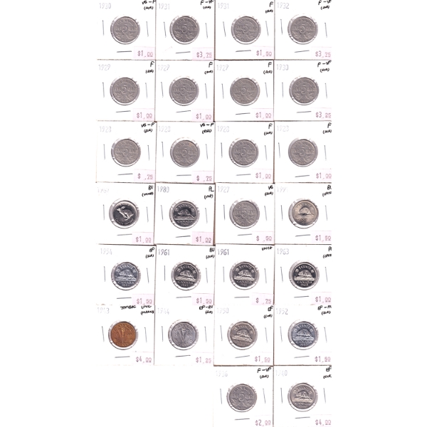 Bulk Lot of 5-cent 1927-1991 VG to PL. 26pcs.