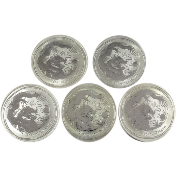 5x 1oz Australia 2012 $1 Year of the Dragon .999 Fine Silver Coins. 5pcs (Tax Exempt)