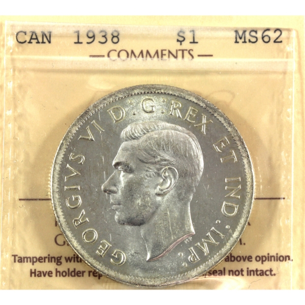 Silver $1 1938 ICCS MS62