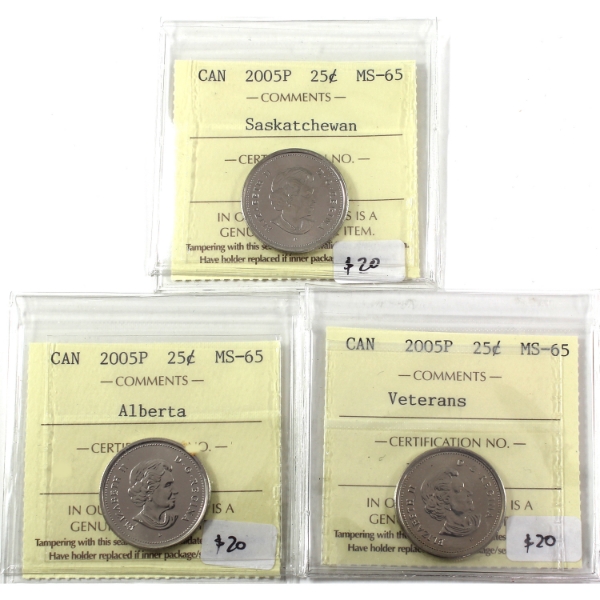 25-cent 2005P Saskatchewan, 2005P Alberta & 2005P Veterans ICCS MS65. 3pcs