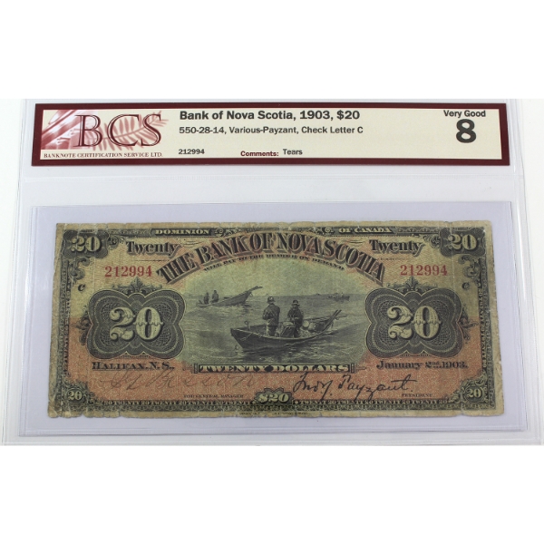 550-28-14 1903 $20 Bank of Nova Scotia BCS VG8 Various-Payzant SN: 212994 Check Letter C