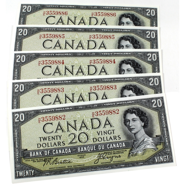 BC-41a 1954 $20 Consecutive UNC or Better Beattie-Coyne SN: H/E3559882-86. 5pcs.