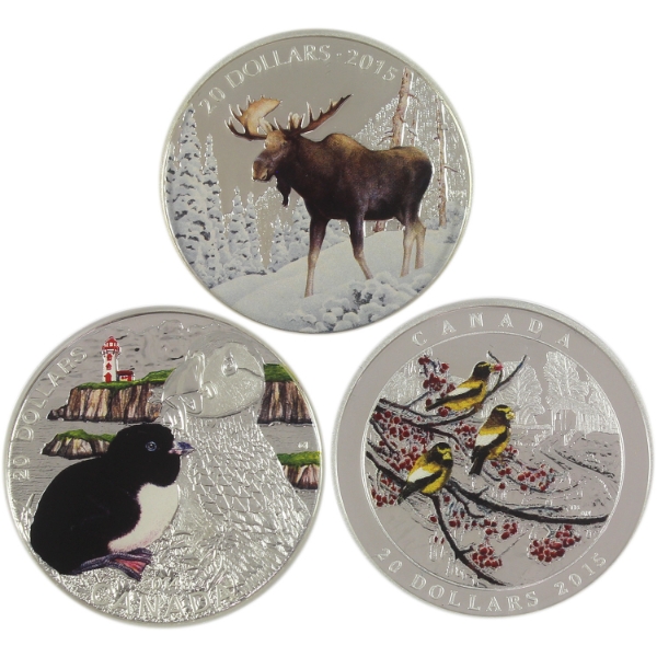 2014-2015 $20 Assorted 1oz .9999 Fine Silver Coins. 3pcs (Tax Exempt)