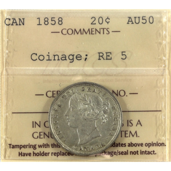 20-cent 1858 Coinage; Re-engraved 5 ICCS AU50