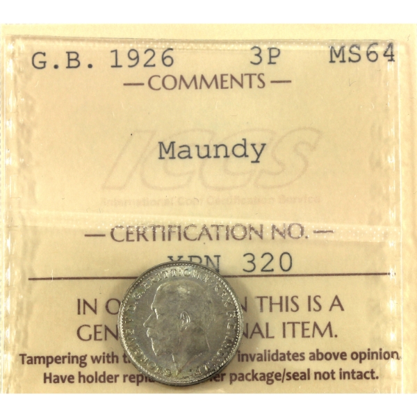 Great Britain Silver 1926 3 Pence Maundy ICCS MS64