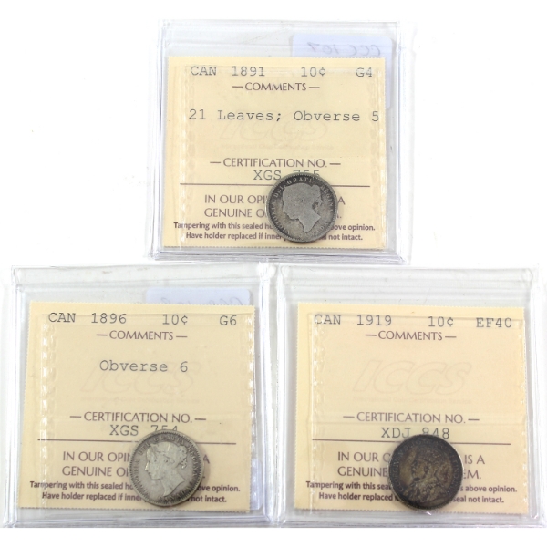 Group Lot of 10-cent 1891-1919 ICCS G4 to EF40. 3pcs.