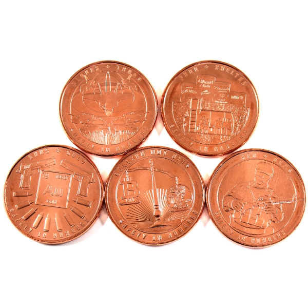 5x 1oz Assorted Safety in Numbers .999 Fine Copper Rounds. 5pcs
