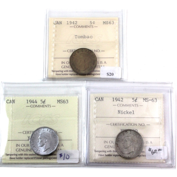 5-cent 1942 Nickel & Tombac & 1944 ICCS MS63
