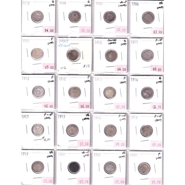 Lot of 20x 5-cent 1904-1920 Good to F-VF in Plastic Page. 20pcs
