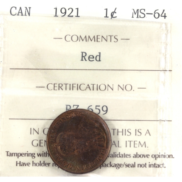 1-cent 1921 ICCS MS64 Red