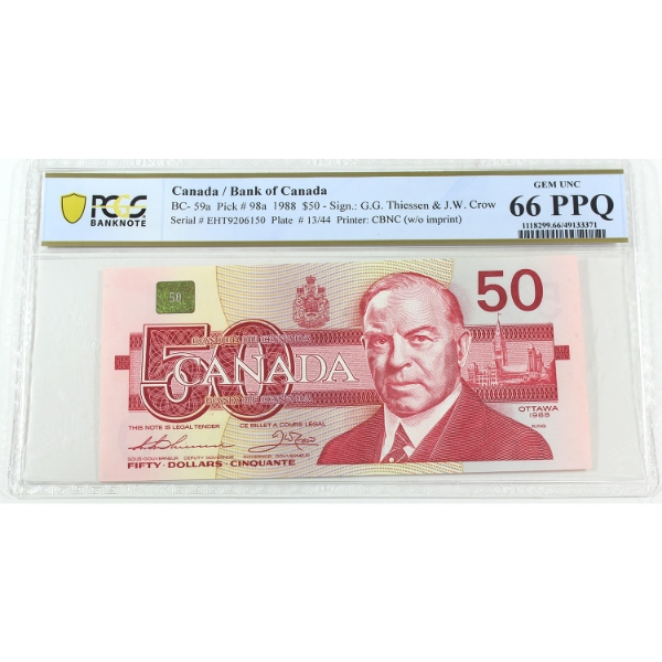 BC-59a 1988 $50 PCGS Gem UNC66 PPQ Thiessen-Crow SN:ETH9206150
