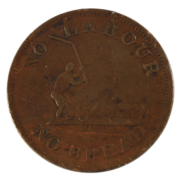 BR-1010, CH# UC-4A2 1840 'No Labour No Bread' Upper Canada Half Penny Token F (Cleaned)
