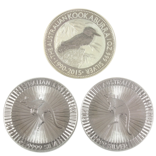 3x 1oz Australia 2015 Kookaburra & 2x 2021 Kangaroo .999 Fine Silver Coins. 2pcs (Tax Exempt)