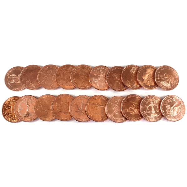 20x 1oz Assorted .999 Fine Copper Rounds in Tube. 20pcs. 