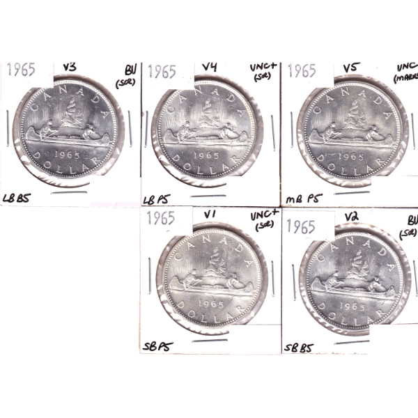 Silver $1 1965 All Variations UNC to BU. 5pcs.