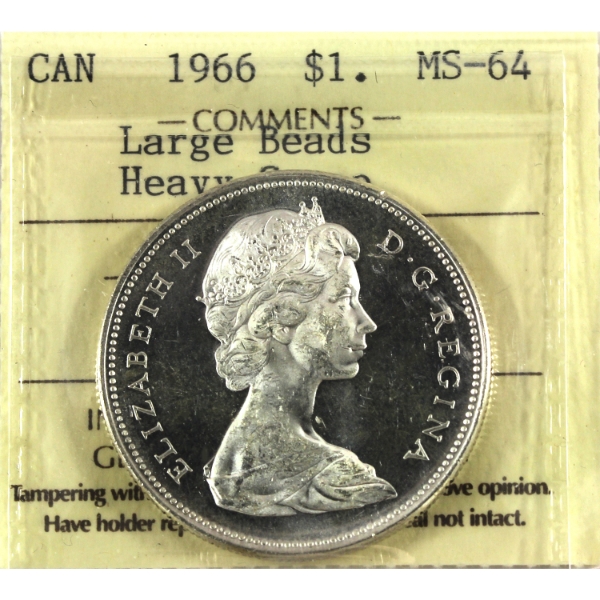 Silver $1 1966 Large Beads ICCS MS64 Heavy Cameo