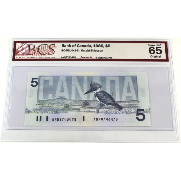 RADAR BC-56d-N1-iii 1986 $5 4-digit RADAR BCS GEM UNC65 Original Knight-Thiessen SN:ANN8743478