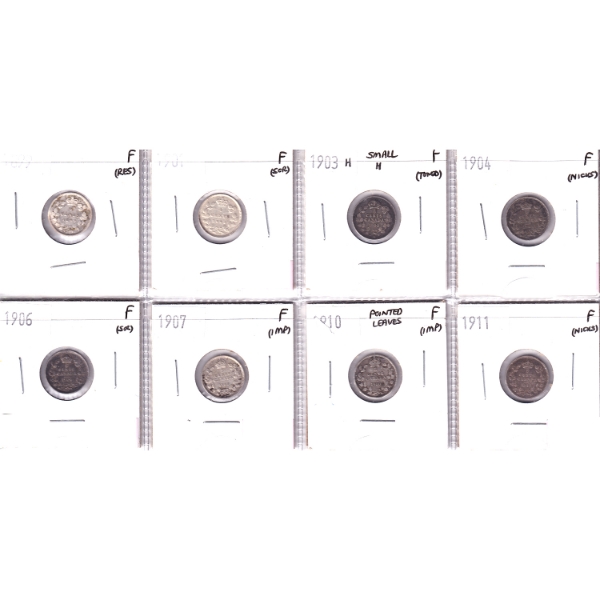 Bulk Collection of 5-cent 1899-1911 F in 8-Pocket Sheet. 8pcs.