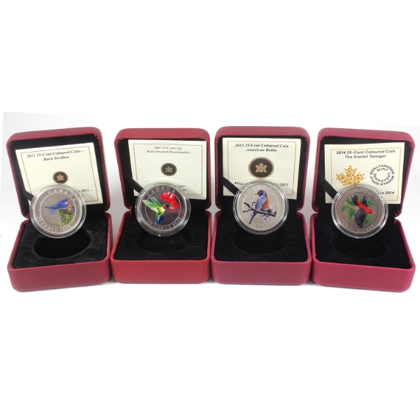 Group Lot of 2007-2014 25-cent Birds of Canada Coins w/ Selective Colour. 4pcs.
