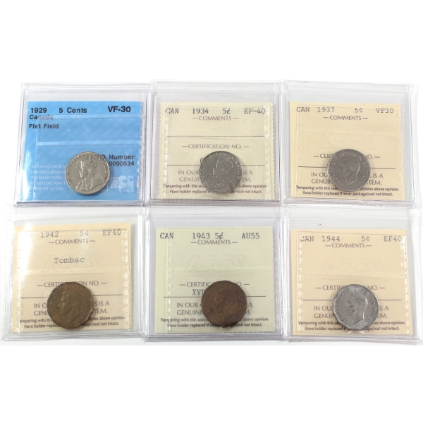 5-cent 1929-1944 ICCS/CCCS VF30 to AU55. 6pcs.