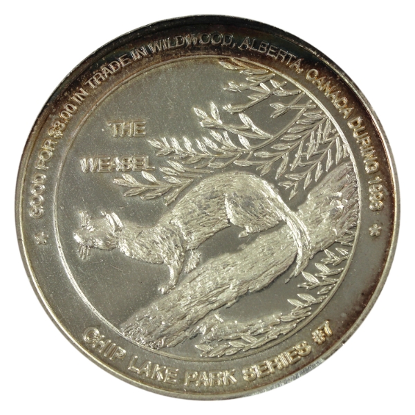 Canada-Wildwood AB 1996 $3 The Weasel/Elk Trade Dollar 2oz-Silver, 38mm (Tax Exempt)