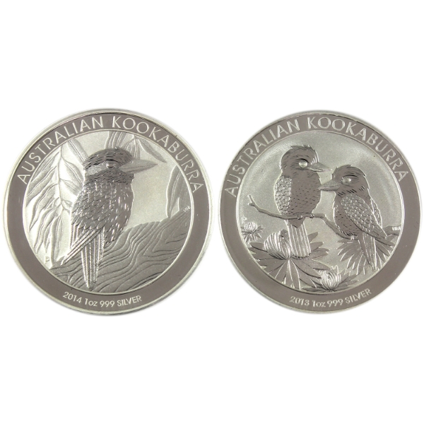 2x 1oz Australia 2013 & 2014 $1 Kookaburra .999 Fine Silver Coins. 2pcs (Tax Exempt)