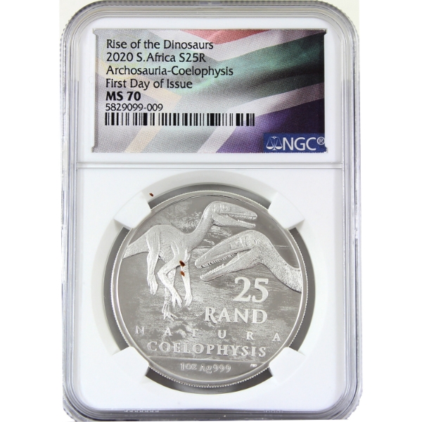 South Africa 2020 25 Rand Rise of the Dinosaurs Archosauria-Coelophysis NGC MS70 1oz .999 Silver