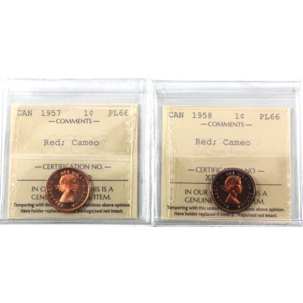 1-cent 1957 & 1958 ICCS PL66 Red Cameo. 2pcs.